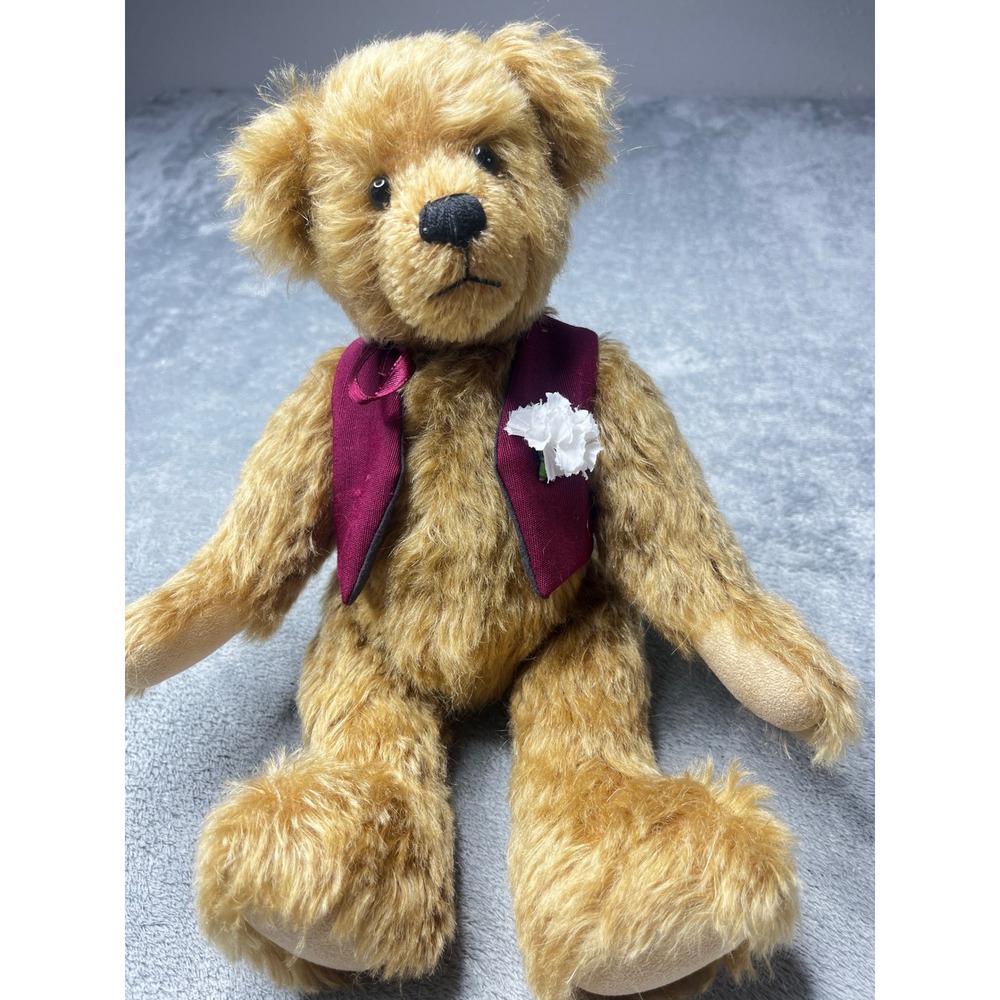 Vintage Jointed Mohair Teddy Bear Gold Brown with Burgundy Vest and Flower 11in‎